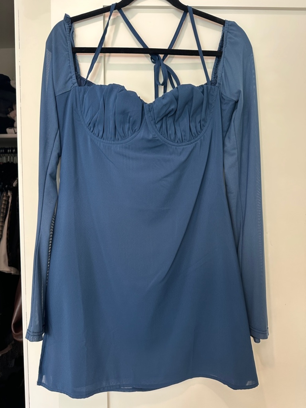 Princess Polly Dusty Blue Long-Sleeve Mesh Mini Dress